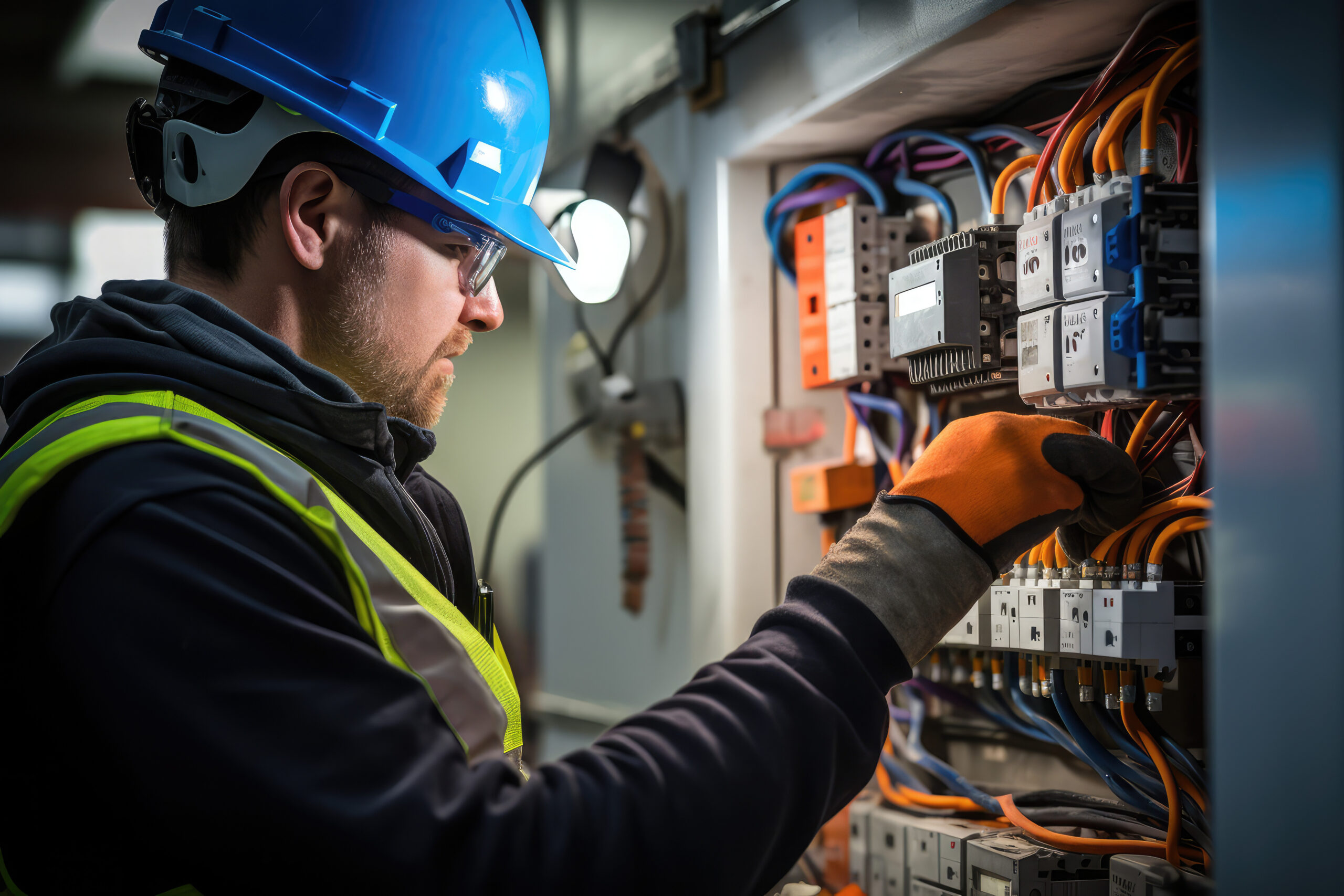 commercial electrician at work on a fuse box