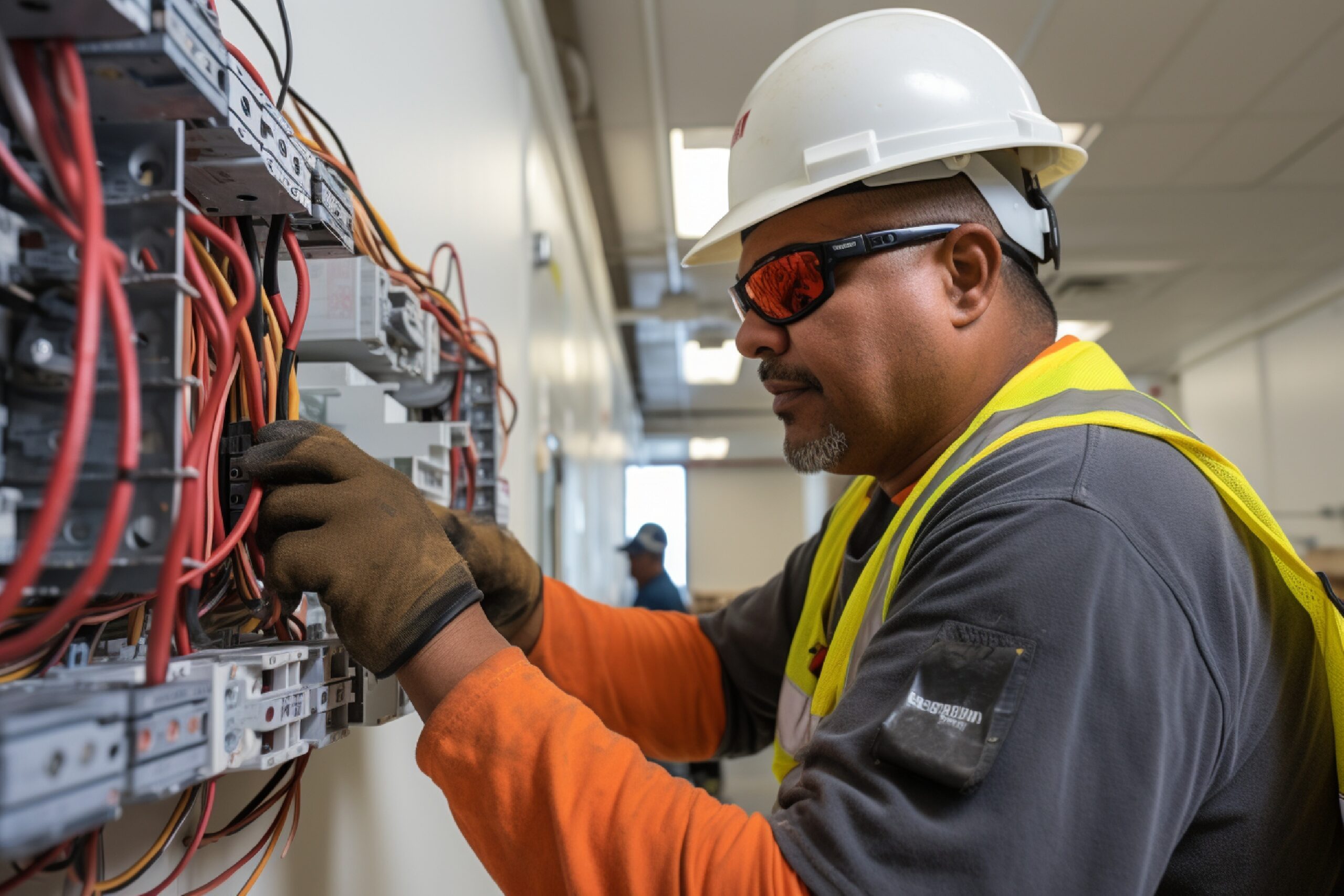 A skilled electrician carefully installing wiring and electrical components in a newly constructed building, wearing safety gear and a hard hat.