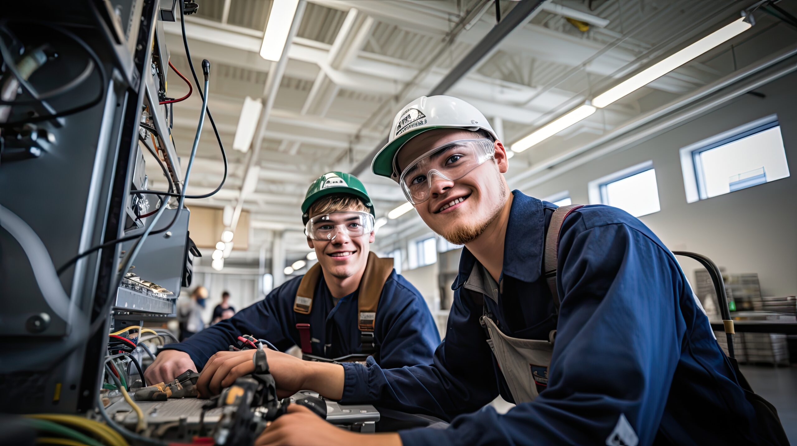 Two young electrician students smile while doing work practices, vocational training concept.