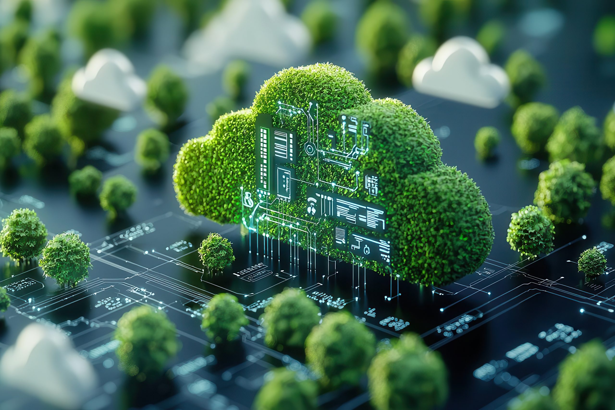Eco-tech cloud solutions, energy-efficient automation, 3D illustration